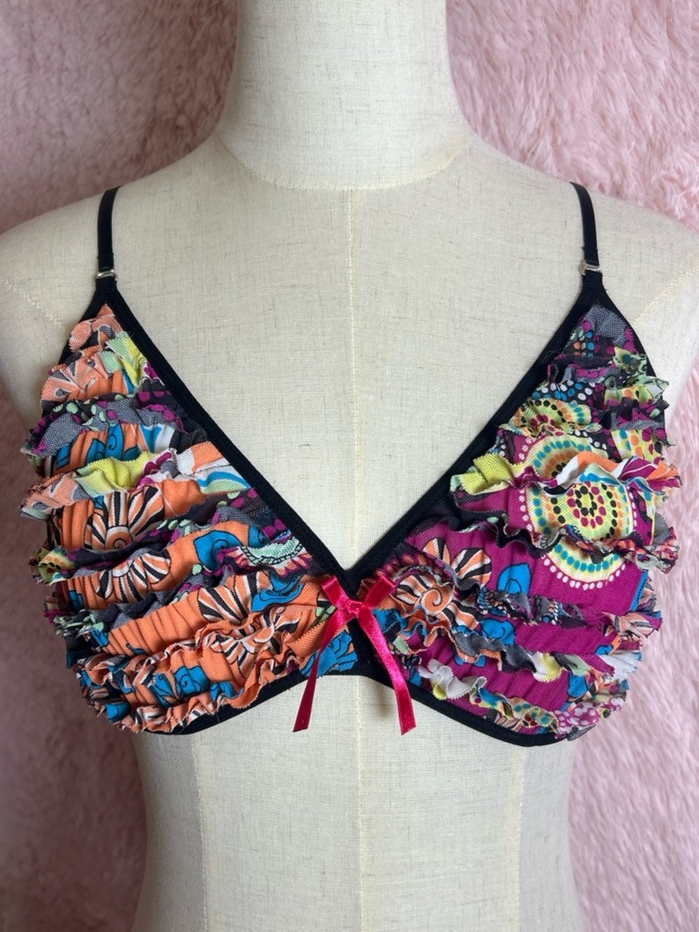 Multicolor Ruffle Bralette with Pink Bow - Picture 5 of 6